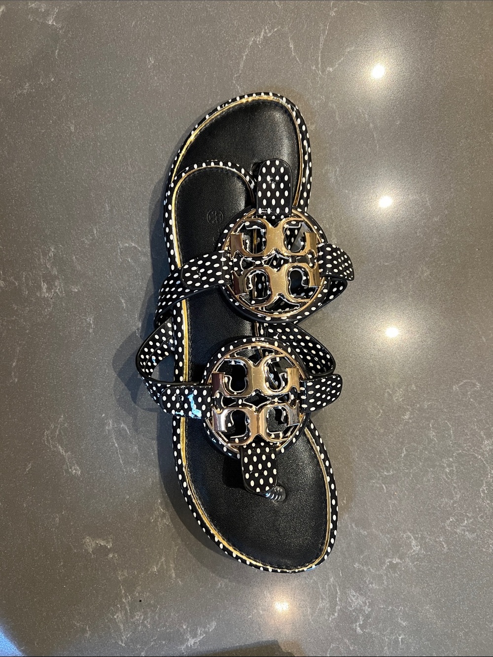 Tory Burch Black and White Polka Dot Miller Sandals with Gold Logo - Picture 3 of 3